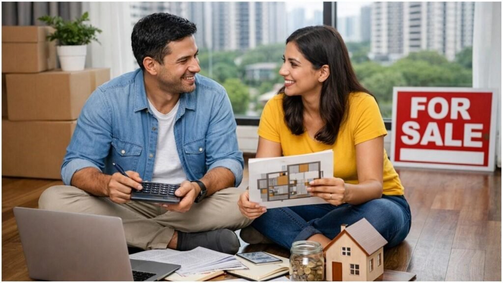 Happy family buying a new apartment in Bangalore.