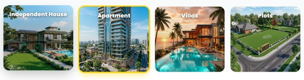 Collage of apartments, villas, and plots.
